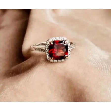 TAAPSEE JEWELS Engagement Ring Cushion Cut Garnet & Halo Diamond For Women's 14K White Gold Plated