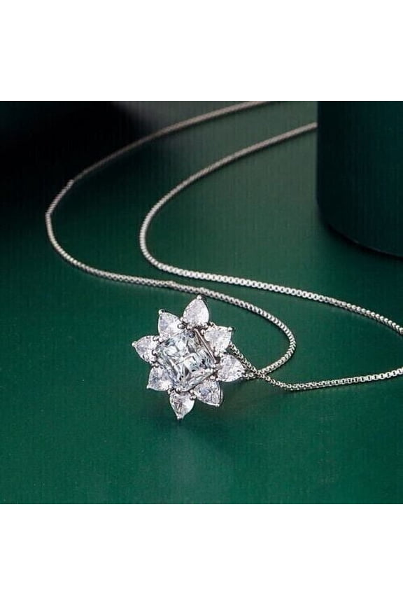 Floral Halo Women's Pendant W/ Chain Asscher Cut Cubic Zirconia 14K White Gold Plated