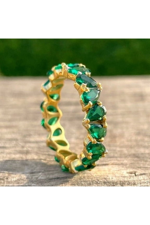 Full Eternity Engagement Ring Pear Cut Green Emerald 14K Yellow Gold Plated