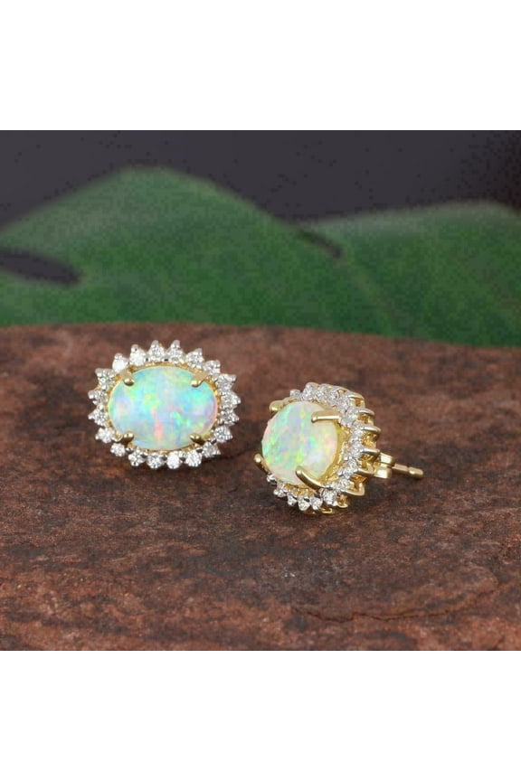 Gorgeous Oval Cut Lab Created Fire Opal Push Back Halo Stud Earrings 14K Yellow Gold Finish Silver