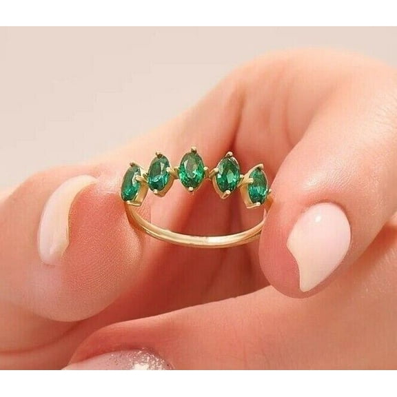 TAAPSEE JEWELS Green Marquise Cut Emerald 14K Yellow Gold Plated 5 - Stone Engagement Ring