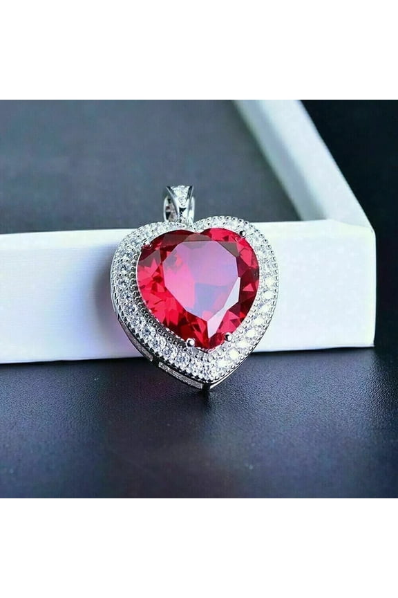 Heart Cut Lab Created Red Ruby Heart Shape Halo Pendant Chain 14k White Gold Plated