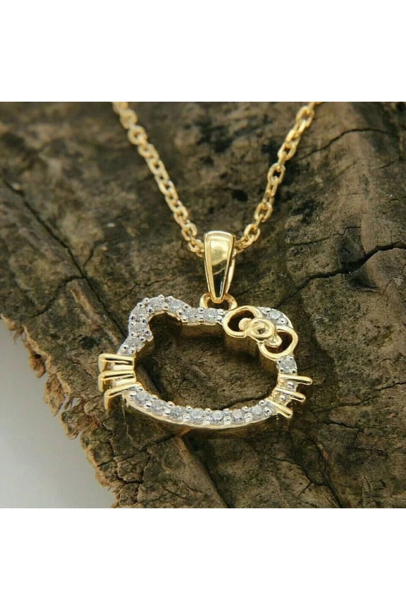 Hello Kitty Wedding Pendant 14K Yellow Gold Over 2.1Ct Round CZ