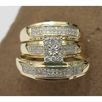 TAAPSEE JEWELS His & Her Engagement Wedding Trio Ring 14K Yellow Gold Plated Round Cut Cubic Zirconia