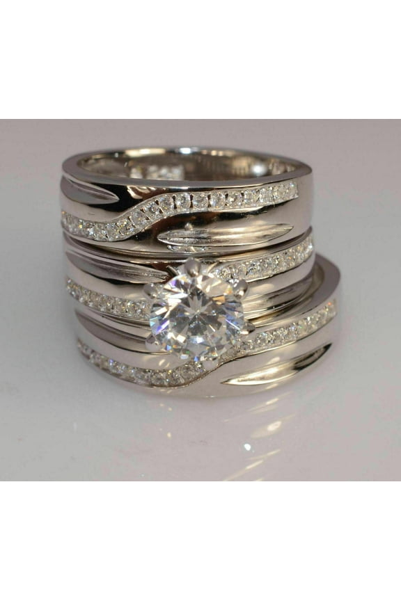 His & Her Women's Wedding Trio Ring Band Set Cubic Zirconia 14K White Gold Plated