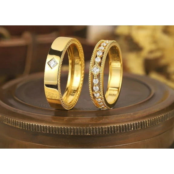 TAAPSEE JEWELS His and Her CZ Couple Wedding Band Rings Set in 14K Yellow Gold Over