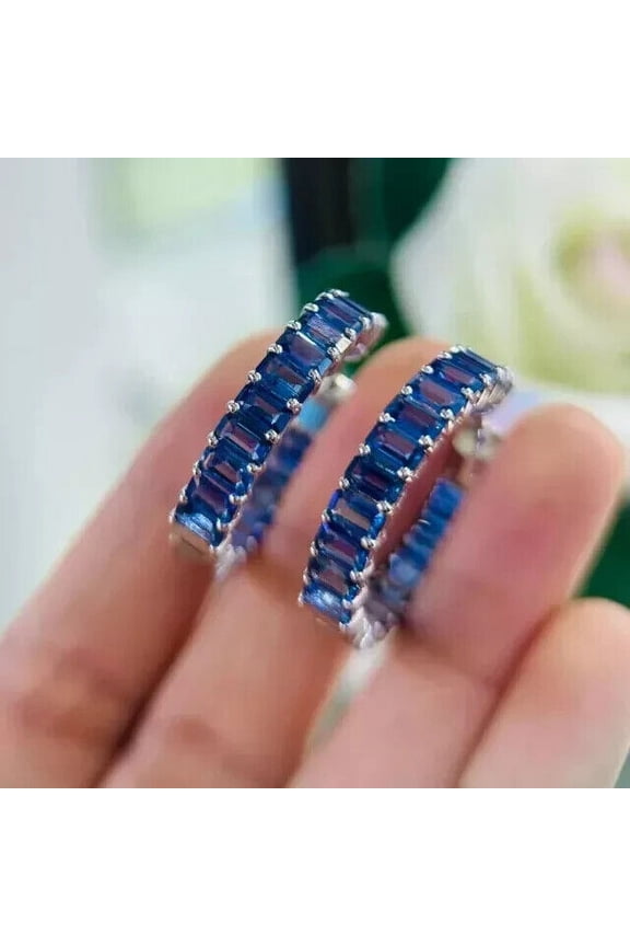 Hoop Earrings in Emerald Cut Blue Sapphire 14K White Gold Plated