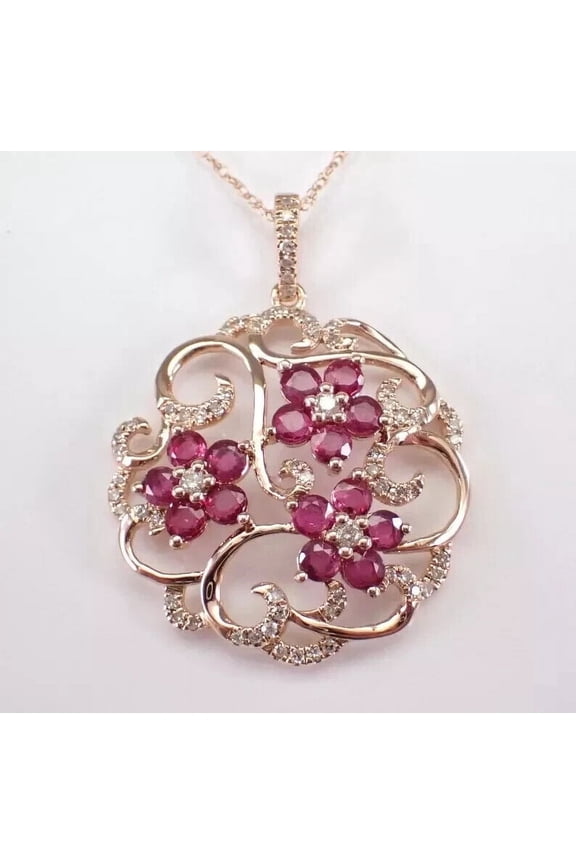 Lab Created Pink Ruby Round Cut Women's Beautiful Flower Pendant Chain 14K Rose Gold Plated