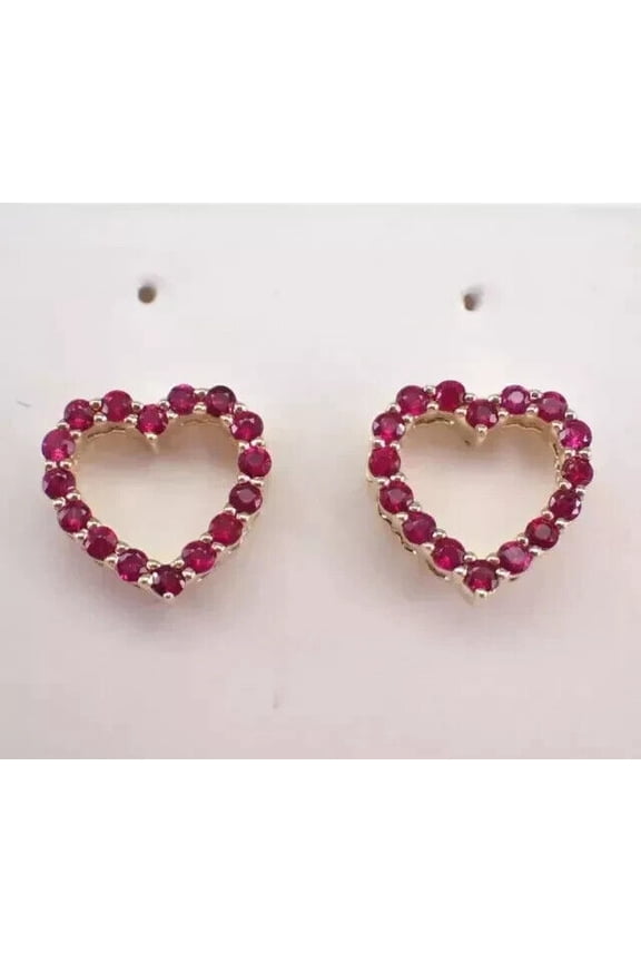 Lab Created Red Ruby Round Cut Heart Stud Women's Earrings 14K Yellow Gold Uver Silver