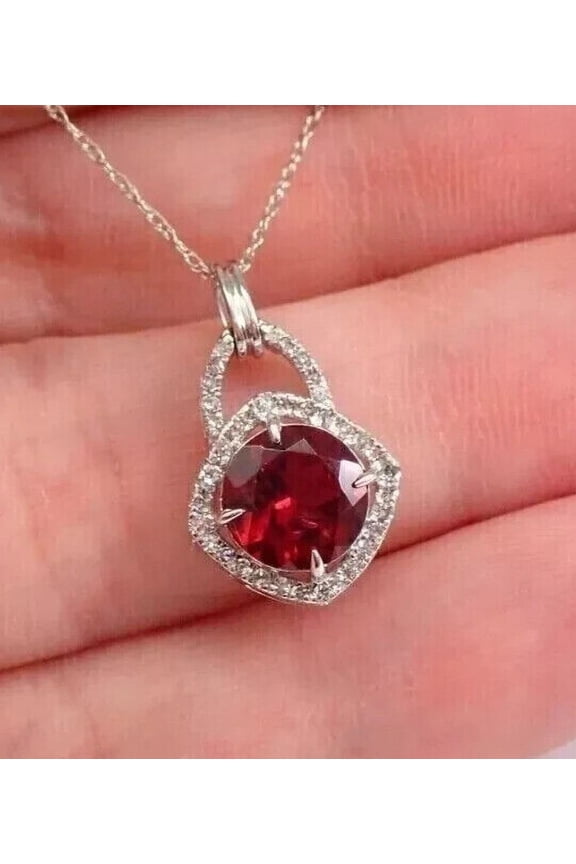 Lab Created Red Ruby Round Cut Women Halo Elegant Pendant Chain 14K White Gold Plated