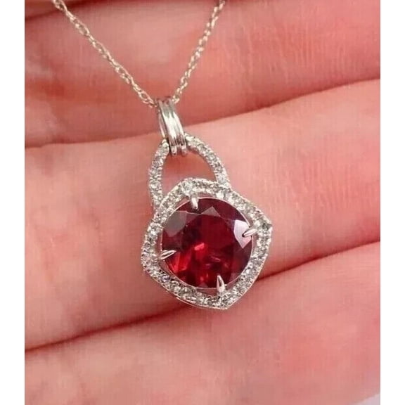 TAAPSEE JEWELS Lab Created Red Ruby Round Cut Women Halo Elegant Pendant Chain 14K White Gold Plated