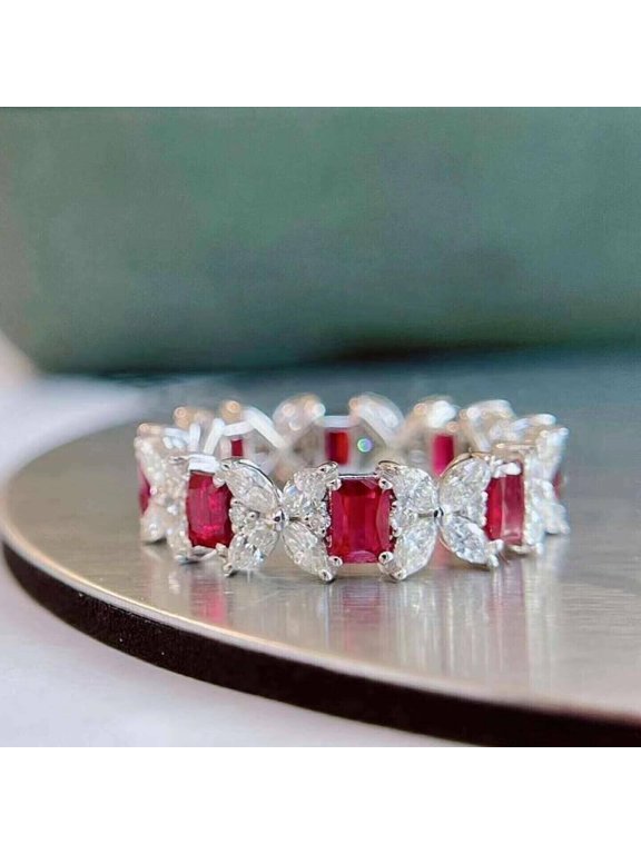 Lab Created Red Ruby Wedding Women Band Ring 14K White Gold Plated