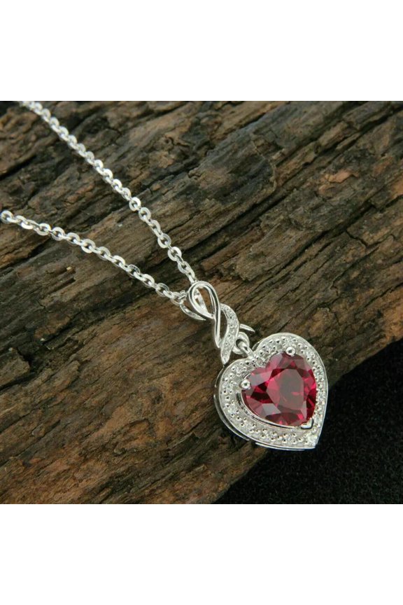 Lab Created Red Ruby Women's Heart Shape Pendant W/ Chain 14k White Gold Finish