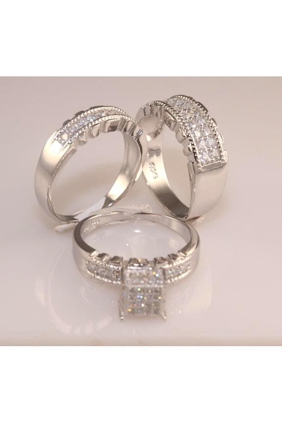 Men And Ladies 14K White Gold Finish Trio Set Wedding Engagement Ring