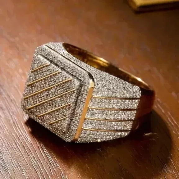 TAAPSEE JEWELS Men's Round Cut Cubic Zirconia Statement Pinky Cluster Ring 14K Yellow Gold Plated Silver