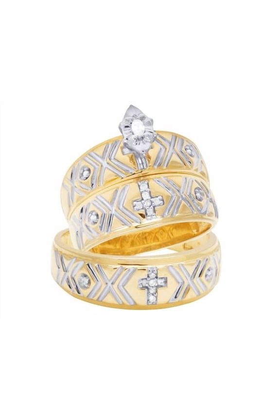 Men's & Women's Two-Tone Gold Finish Religious Cross Wedding Ring Set Matching Bands with CZ Accents