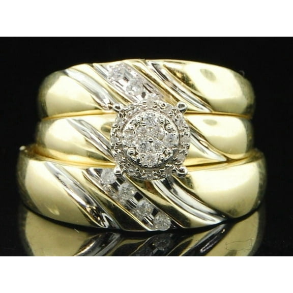 TAAPSEE JEWELS Mens/Ladies 14K Yellow Gold Finish CZ Engagement Ring Wedding Band Bridal Set Trio