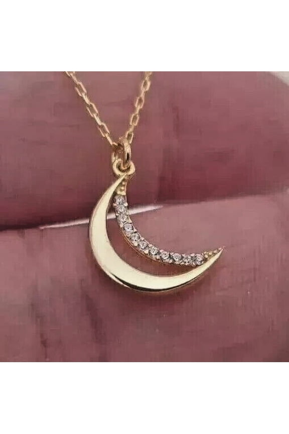 Moon Charm Pendant Chain Round Cut Cubic Zirconia 14K Yellow Gold Plated Silver