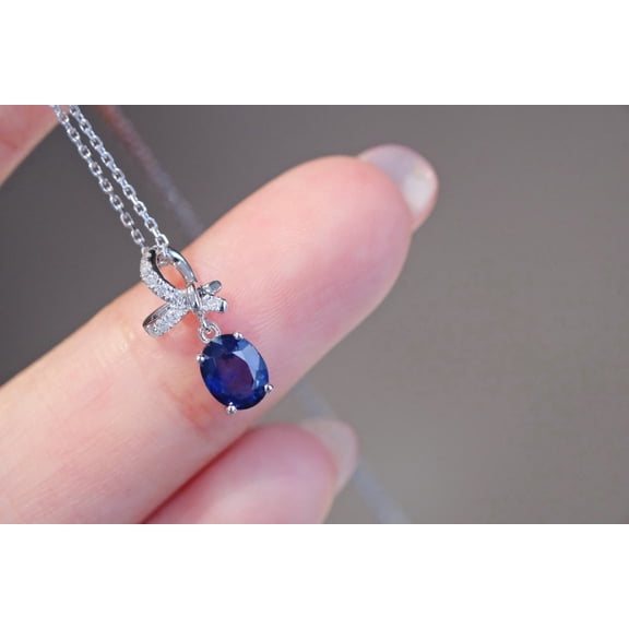 TAAPSEE JEWELS Oval Blue CZ Pendant Necklace with CZ Bow in Sterling Silver – Elegant Gift for Women