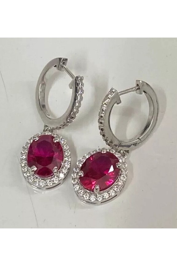 Oval Cut Lab Created Ruby Halo Drop Dangle Earrings Women 925 Sterling Silver