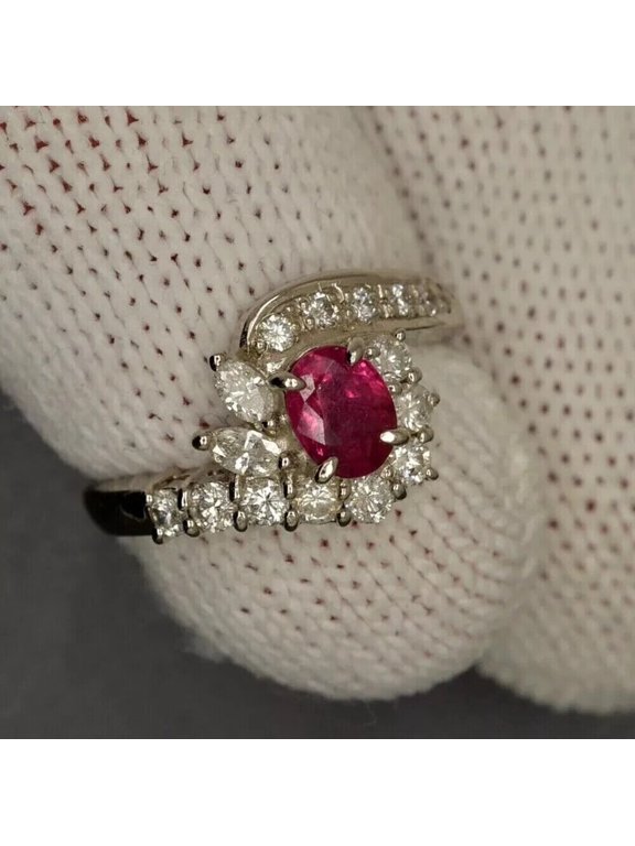Oval Cut Ruby Bypass Halo Cocktail Wedding Ring 14K White Gold Plated