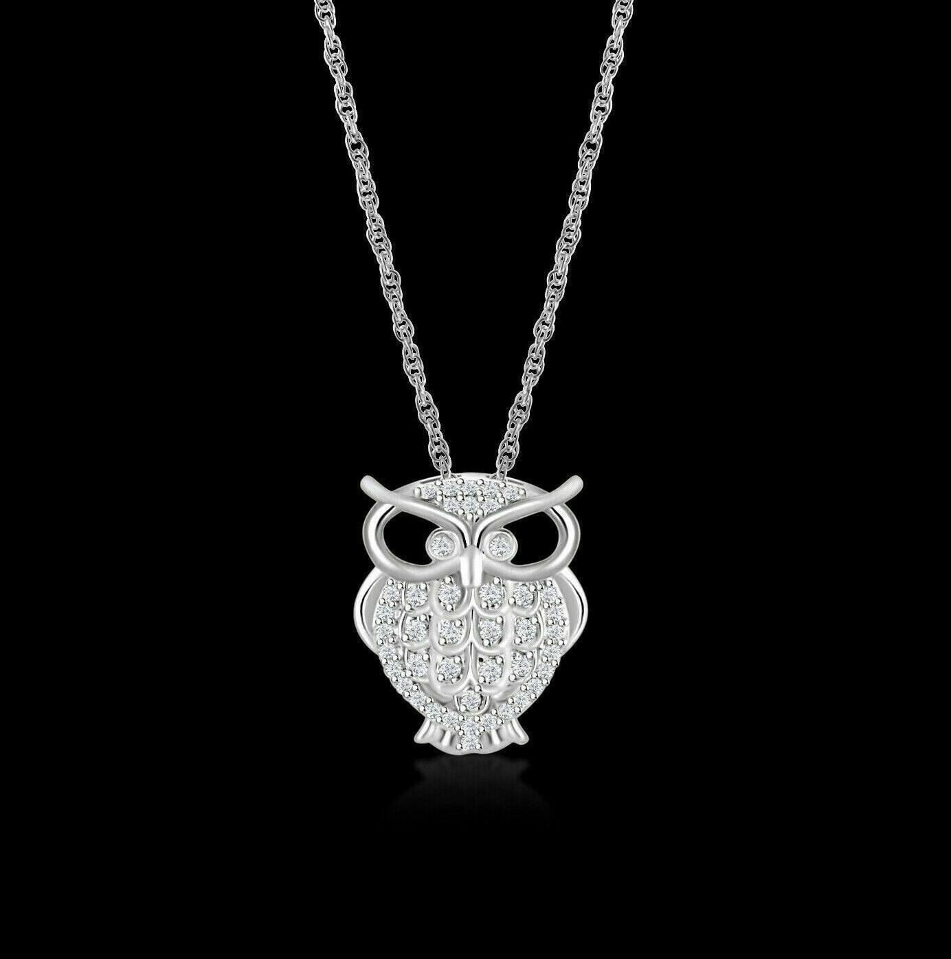TAAPSEE JEWELS Owl Charm Pendant Round Cut Cubic Zirconia 14k White Gold Plated Free Chain 18"