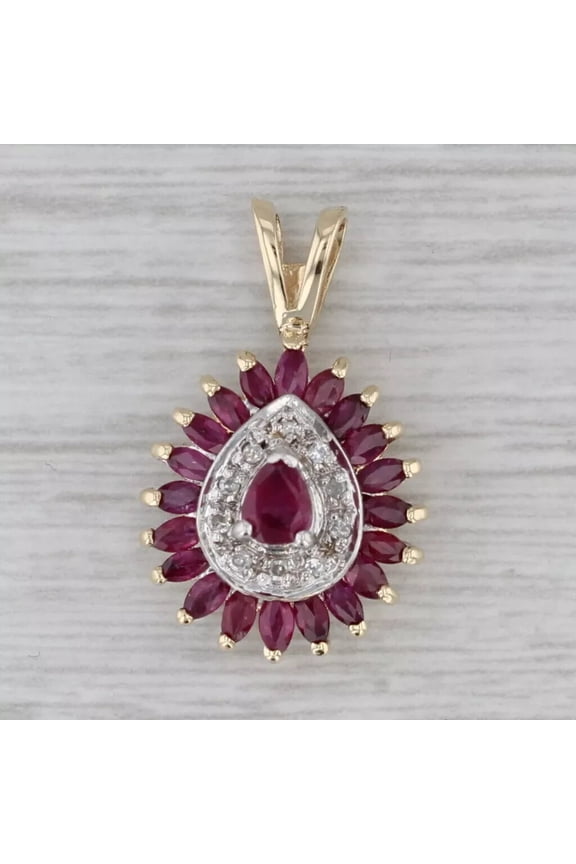 Pear Cut Lab Created Red Ruby Women Beautiful Teardrop Pendant 14K Yellow Gold Plated