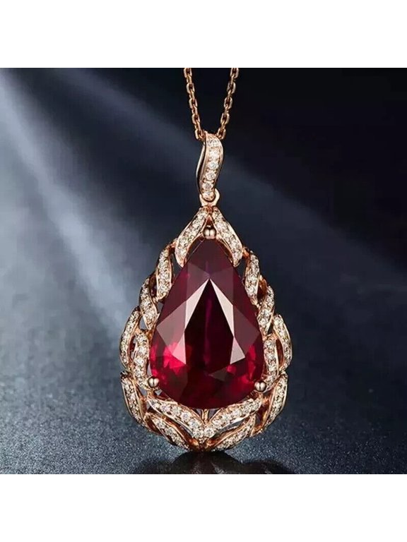 Pear Cut Ruby & Diamond Teardrop Cocktail Pendant Chain 14K Yellow Gold Plated