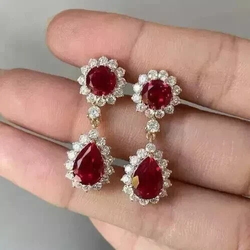 TAAPSEE JEWELS Pear Cut Ruby & Halo Diamond Drop Dangle Earring For Women 14K Yellow Gold Plated