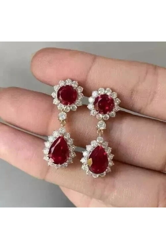 Pear Cut Ruby & Halo Diamond Drop Dangle Earring For Women 14K Yellow Gold Plated