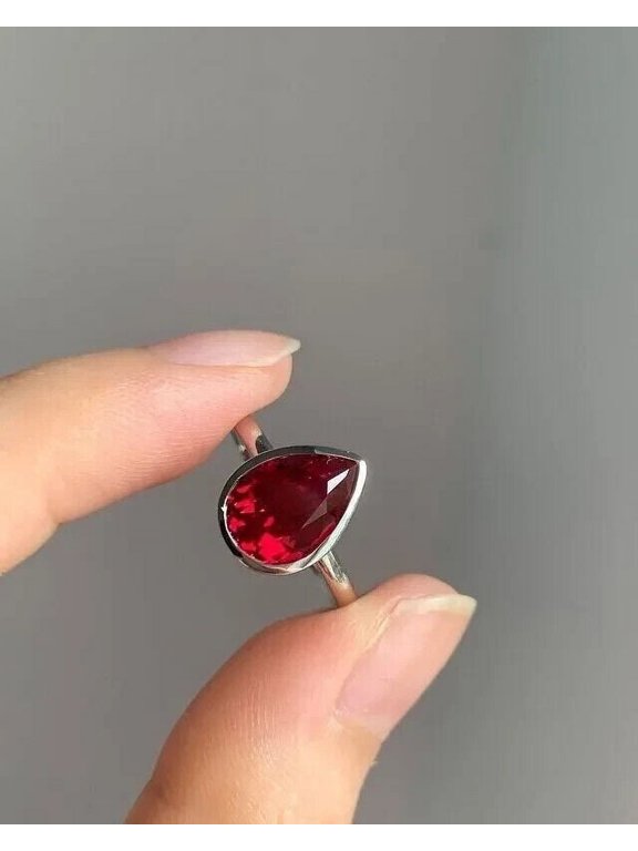 Pear Cut Ruby Soltaire Bezel Set Engagement Ring 14k White Gold Plated