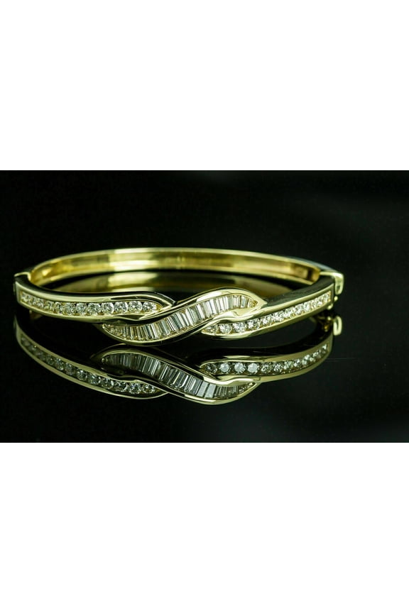 Round & Baguette Cubic Zirconia Women's Bangle Bracelet 14K Yellow Gold Over Silver
