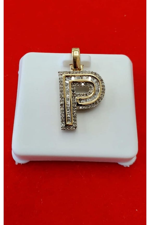 Round & Baguette Cut Cubic Zirconia 14K Yellow Gold Finish Silver Initial P Letter Pendant