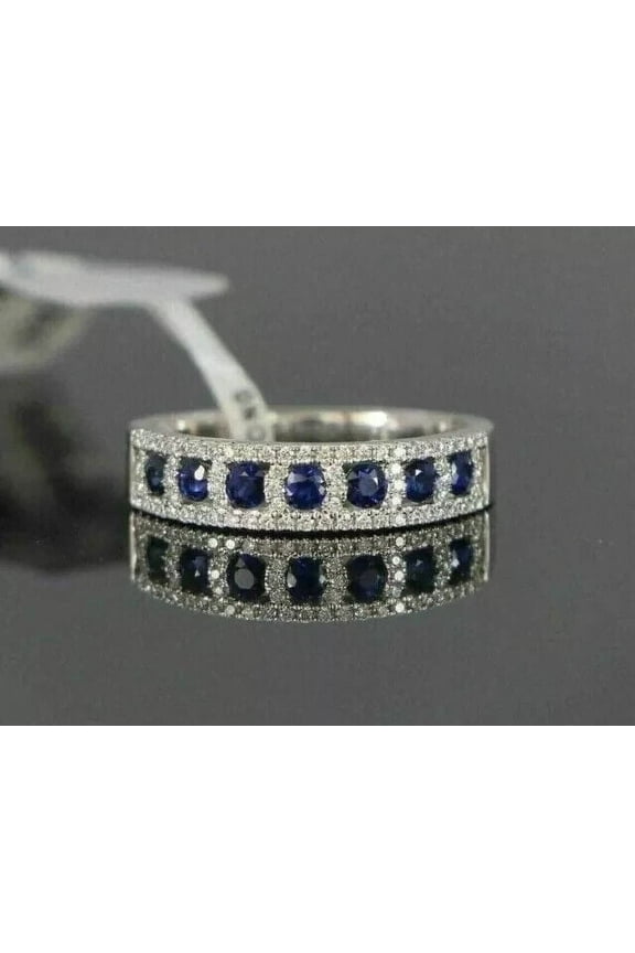 Round Cut Blue Sapphire Women's Wedding Band Ring 14K White Gold Plated