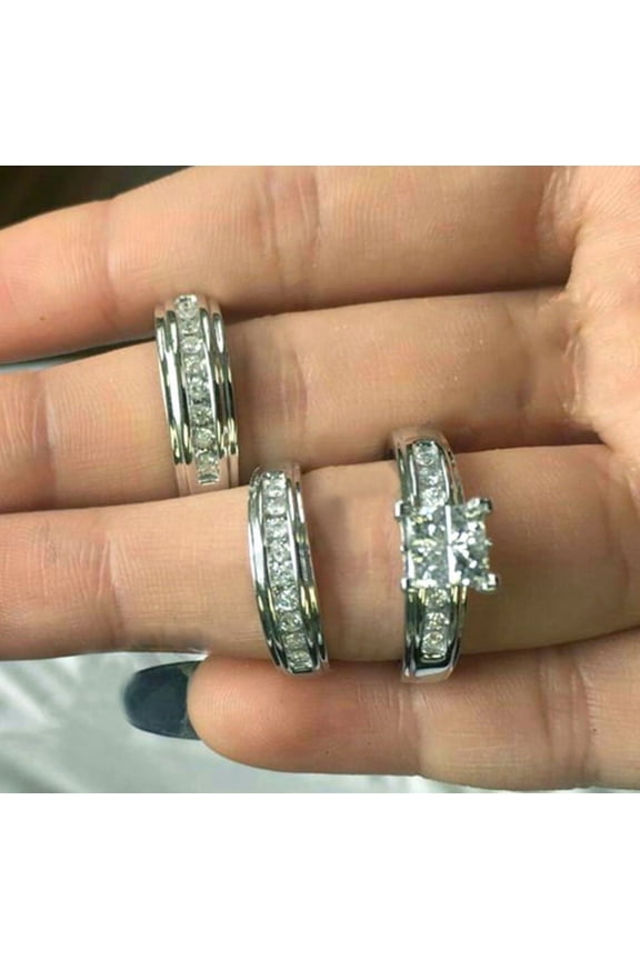 Round Cut CZ Trio Set His Hers Engagement Wedding Ring 14K White Gold Finish