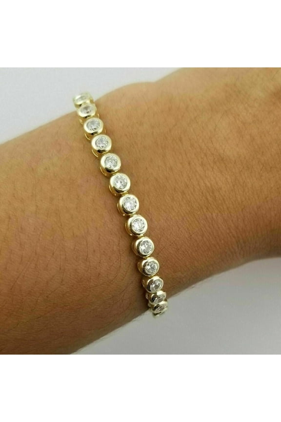 Round Cut Cubic ZIrconia Bezel Tennis Bracelet 14K Yellow Gold Finish