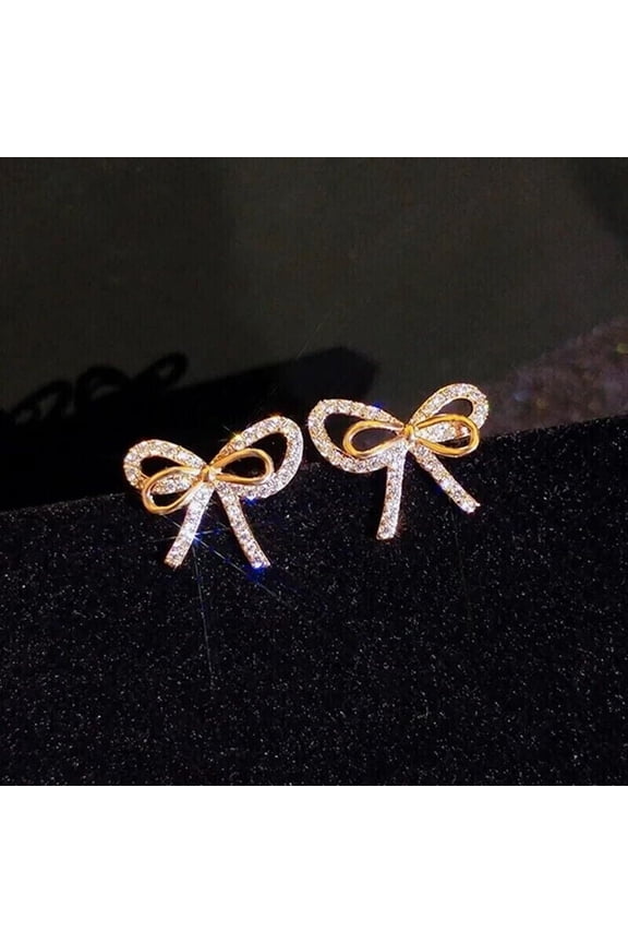 Round Cut Cubic Zirconia Bow Women's Stud Earring 14k Yellow Gold Plated