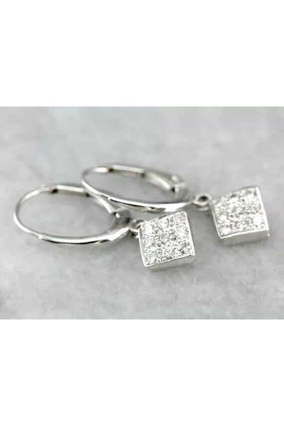 Round Cut Cubic Zirconia Dangle/ Drop Square Leverback Earrings 14k White Gold Plated