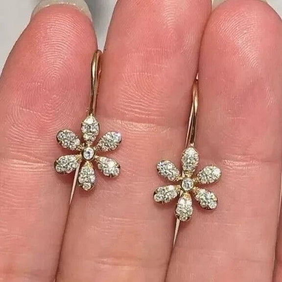 TAAPSEE JEWELS Round Cut Cubic Zirconia Flower Hook Dangle Women's Earring 14K Yellow Gold Plated