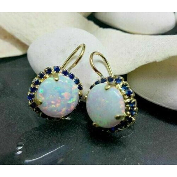 TAAPSEE JEWELS Round Cut Lab Created Fire Opal Halo Hook Women Earrings 14K Yellow Gold Over