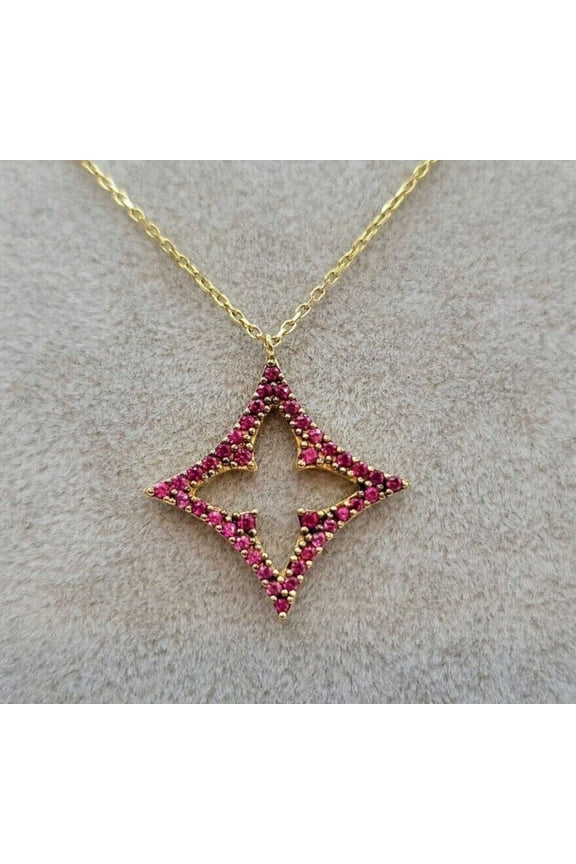 Round Cut Lab Created Red Ruby 14K Yellow Gold Plated Women's Flower Pendant Chain 18"