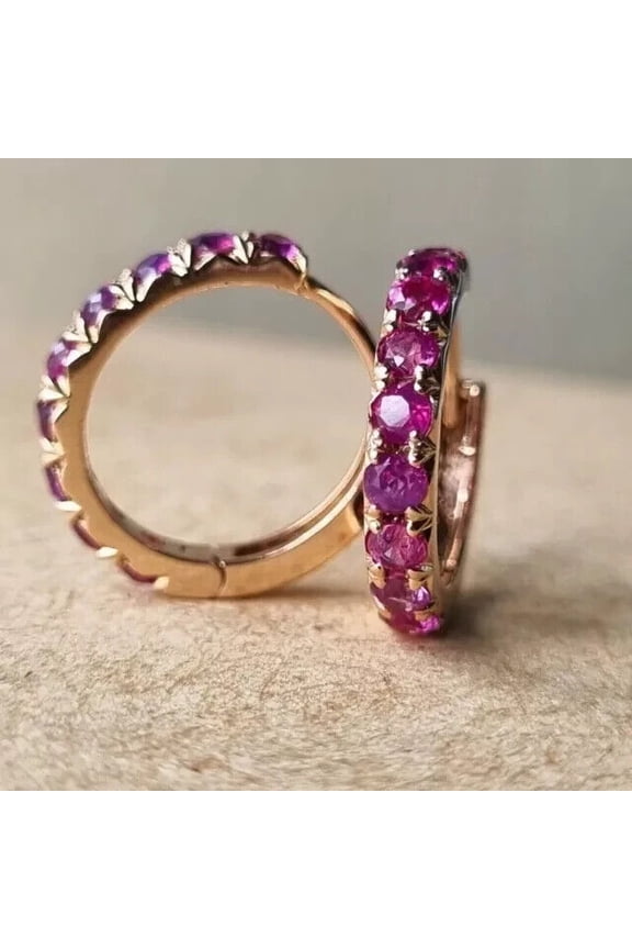 Round Cut Lab Created Red Ruby Women's Hoop Stud Earring 14K Yellow Gold Plated