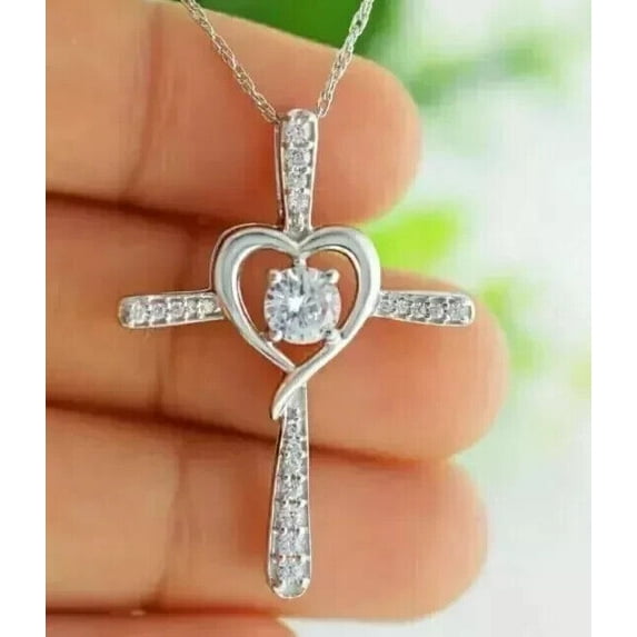 TAAPSEE JEWELS Round Cut White Diamond Cross Pendant 14K White Gold Plated Free Chain 18"