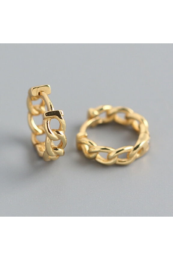 Solid Metal Cuban Link 14k Yellow Gold Over 925 Silver Hoop Earring