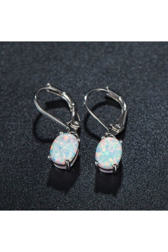 Solitaire Leverback Earring 14K White Gold Plated Oval Cut Opal