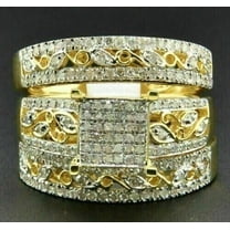 TAAPSEE JEWELS Stylish His & Her Trio Wedding Ring Set 14K Yellow Gold Plated Round Cut Cubic Zirconia