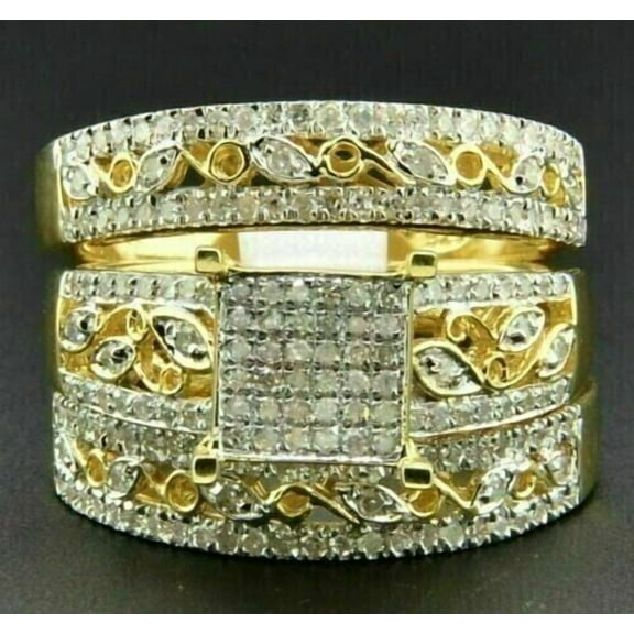TAAPSEE JEWELS Stylish His & Her Trio Wedding Ring Set 14K Yellow Gold Plated Round Cut Cubic Zirconia