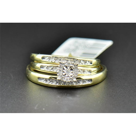 TAAPSEE JEWELS Trio Set His Hers Matching Engagement Ring Wedding Band 14K Yellow Gold Finish