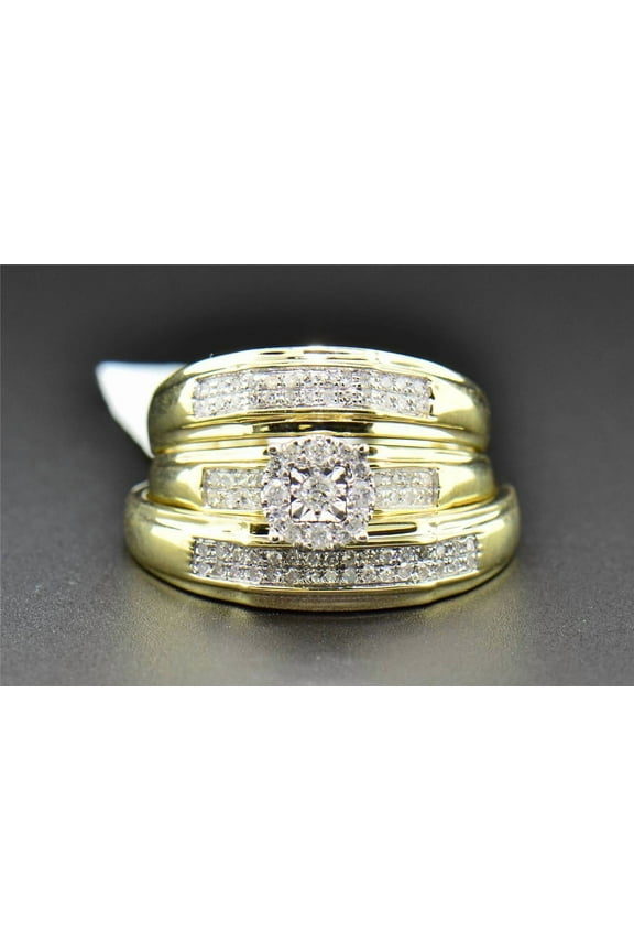 Trio Set His Hers Matching Engagement Ring Wedding Band 14K Yellow Gold Finish