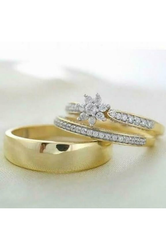 White Round Cut Cubic Zirconia 14K Yellow Gold Finish Wedding Women's Trio Ring Set His & Her